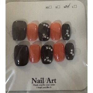 Short Orange‎ And Black Square Nails With Jewels